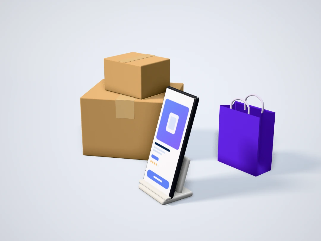 Shipping boxes, a shopping app on a phone and a paper shopping bag