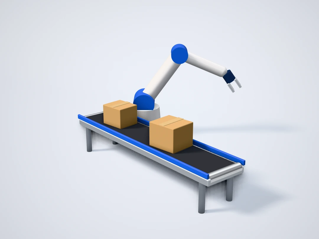 Konveyör bant üzerinde koliler ve robot kol: üretim ve paketleme makineleri