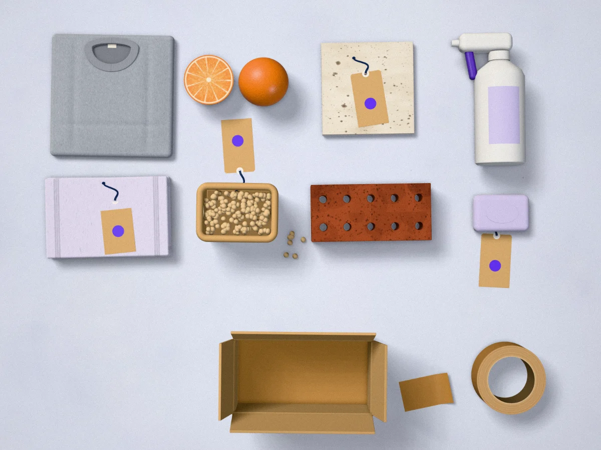 Textile, food, natural stone and cosmetics samples with an open export carton