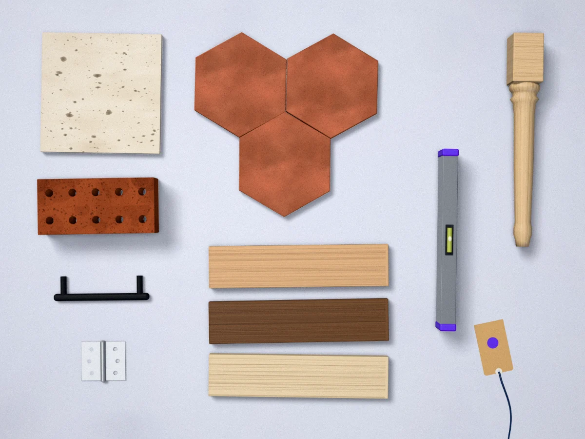 Travertine, terracotta tiles, perforated brick, wood samples and a spirit level on a sample table